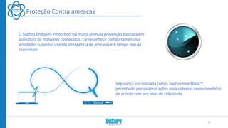 Proteção Contra ameaças
O Sophos Endpoint Protection vai muito além da prevenção baseada em
assinatura de malwares conhecidos, Ele reconhece comportamentos e
atividades suspeitas usando inteligência de ameaças em tempo real da
SophosLab.
Segurança sincronizada com o Sophos Heartbeat™,
permitindo personalizar ações para sistemas comprometidos
de acordo com seu nível de criticidade.
15
 