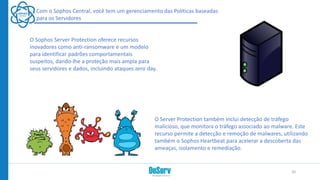 Com o Sophos Central, você tem um gerenciamento das Politicas baseadas
para os Servidores
O Sophos Server Protection oferece recursos
inovadores como anti-ransomware e um modelo
para identificar padrões comportamentais
suspeitos, dando-lhe a proteção mais ampla para
seus servidores e dados, incluindo ataques zero day.
O Server Protection também inclui detecção de tráfego
malicioso, que monitora o tráfego associado ao malware. Este
recurso permite a detecção e remoção de malwares, utilizando
também o Sophos Heartbeat para acelerar a descoberta das
ameaças, isolamento e remediação.
20
 