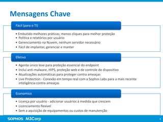 Mensagens Chave
Fácil (para TI)
• Embutido melhores práticas; menos cliques para melhor proteção
• Política e relatórios por usuário
• Gerenciamento na Nuvem, nenhum servidor necessário
• Fácil de implantar, gerenciar e manter
Efetivo
•
•
•
•

Agente único leve para proteção essencial do endpoint
Inclui anti-malware, HIPS, proteção web e de controle do dispositivo
Atualizações automáticas para proteger contra ameaças
Live Protection - Conexão em tempo real com a Sophos Labs para a mais recente
inteligência contra ameaças

Economico
• Licença por usuário - adicionar usuários à medida que crescem
• Licenciamento flexível
• Sem a aquisição de equipamentos ou custos de manutenção
4

 