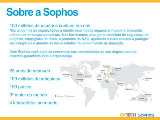 Sobre a Sophos
100 milhões de usuários confiam em nós
Nós ajudamos as organizações a manter seus dados seguros e impedir o crescente
número de ameaças complexas. Nós fornecemos uma gama completa de segurança de
endpoint, criptografia de disco, e produtos de NAC, ajudando nossos clientes a proteger
seus negócios e atender às necessidades de conformidade do mercado.

Com Sophos você pode se concentrar nas necessidades do seu negócio porque
estamos garantindo toda a organização.



25 anos de mercado
100 milhões de máquinas
150 países
3º maior do mundo
4 laboratórios no mundo
 