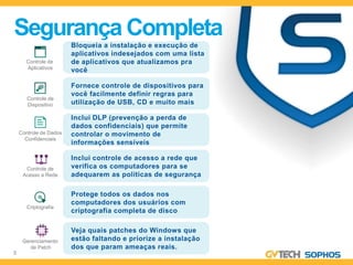 Segurança Completa
                        Bloqueia a instalação e execução de
                        aplicativos indesejados com uma lista
      Controle de       de aplicativos que atualizamos pra
      Aplicativos
                        você

                        Fornece controle de dispositivos para
                        você facilmente definir regras para
       Controle de
       Dispositivo      utilização de USB, CD e muito mais

                        Inclui DLP (prevenção a perda de
                        dados confidenciais) que permite
    Controle de Dados   controlar o movimento de
      Confidenciais
                        informações sensíveis

                        Inclui controle de acesso a rede que
      Controle de       verifica os computadores para se
     Acesso a Rede      adequarem as políticas de segurança

                        Protege todos os dados nos
                        computadores dos usuários com
       Criptografia
                        criptografia completa de disco

                        Veja quais patches do Windows que
     Gerenciamento      estão faltando e priorize a instalação
        de Patch        dos que param ameaças reais.
5
 