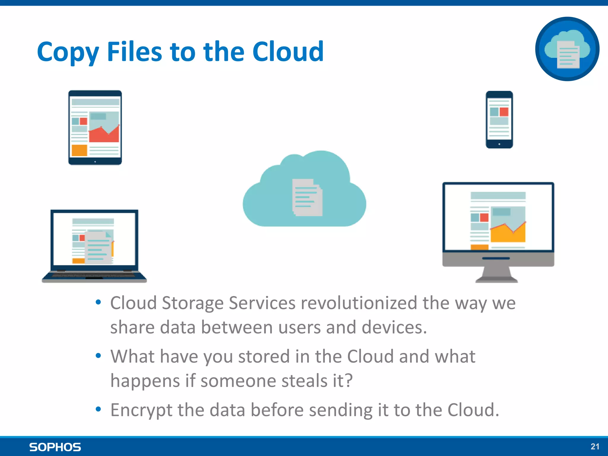 21
Copy Files to the Cloud
• Cloud Storage Services revolutionized the way we
share data between users and devices.
• What have you stored in the Cloud and what
happens if someone steals it?
• Encrypt the data before sending it to the Cloud.
 