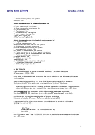 SOPHO iS3000 & 2000IPS Conexões em Rede 
Z = Socotel shortened protocol : não aplicável 
DDI options : Sim 
iS3000 Opções de Saída de Rota suportadas em SIP 
P = Direct switch through : não aplicável 
Q = Break-in protection on outgoing calls : Sim 
R = D-button allowed : Não 
S = Transit allowed : Sim 
T = Source identification : não aplicável 
U = Insert or append close sign : Sim 
ATF by Camp-On-Busy : Sim 
ATF by Automatic Ring Back : Sim 
iS3000 Opções de Bundle (feixe) de Rota suportadas em SIP 
K = Long line check Sim 
L = Exchange line barred check : Sim 
M = Register Recall available on bundle : não aplicável 
N = Echo canceller connected : não aplicável 
O = ISDN date/time synchronisation : não aplicável 
P = Metering available on bundle : Não 
Q = Detection 1st dial tone applied : não aplicavel 
R = Pre dial tone det. time on 1st dial tone applied : não aplicavel 
S = Pre dial tone det. time on 2nd dial tone applied : não aplicavel 
T = Provisional switch through : não aplicável 
U = Answer sensitive : Sim 
V = DDO wait for answer : Não 
W = Routing tone : Sim 
X = TRANSCOM tone det. and alarming : não aplicável 
Y = DDO send MFC area number : não aplicável 
Z = DDO local ring tone provided : Sim 
8. SIP DRIVER 
Como o número máximo de “virtual SIP shelves” é limitado a 2, o número máximo de 
SIP extensions é 2x512 = 1024. 
O SIP driver é capaz de tratar até 1600 ramais. Ele roda na mesma ISG que também é aplicada para 
media handling. 
Assim, quando estiver rodando na ISG, o SIP driver é capaz de tratar estes 1024 ramais SIP. 
Opcionalmente, o SIP driver pode rodar em uma plataforma Windows/PC dedicada. 
No arquivo de configuração ISG é possível especificar o endereço IP do PABX e o número de porta 
relacionado. Observe que não é possível limitar a quantidade de ramais que usem o SIP driver. 
Boundary NEBOUND 418 especifica o número máximo de SIP trunk calls por unidade. 
Boundary NEBOUND 426 especifica o número máximo de SIP extension calls por unidade. 
O driver não tem conhecimento da quantidade de terminais registrados. 
É possivel se ter juntos SIP driver e iTMP driver rodando na mesma ISG. 
Para habilitação do SIP driver na ISG, incluir a informação abaixo no arquivo de configuração 
(prebisg<mac-address>.txt) : 
- [SipPabxIp] 
Ip=192.168.1.215 (este é o IP address para CPU/CIE) 
Port=2610 
O iS3000 gera um Alarm Code /QLF 061/082 e 067/040 no caso de perda da conexão e comunicação 
com o SIP driver. 
5 
 