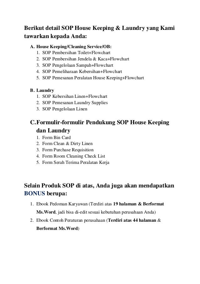 Standar Operating Prosedur (SOP) House Keeping dan Laundry