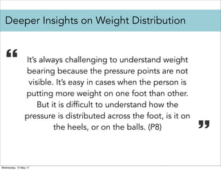 Deeper Insights on Weight Distribution
It’s always challenging to understand weight
bearing because the pressure points are not
visible. It’s easy in cases when the person is
putting more weight on one foot than other.
But it is difficult to understand how the
pressure is distributed across the foot, is it on
the heels, or on the balls. (P8)
Wednesday, 10 May 17
 