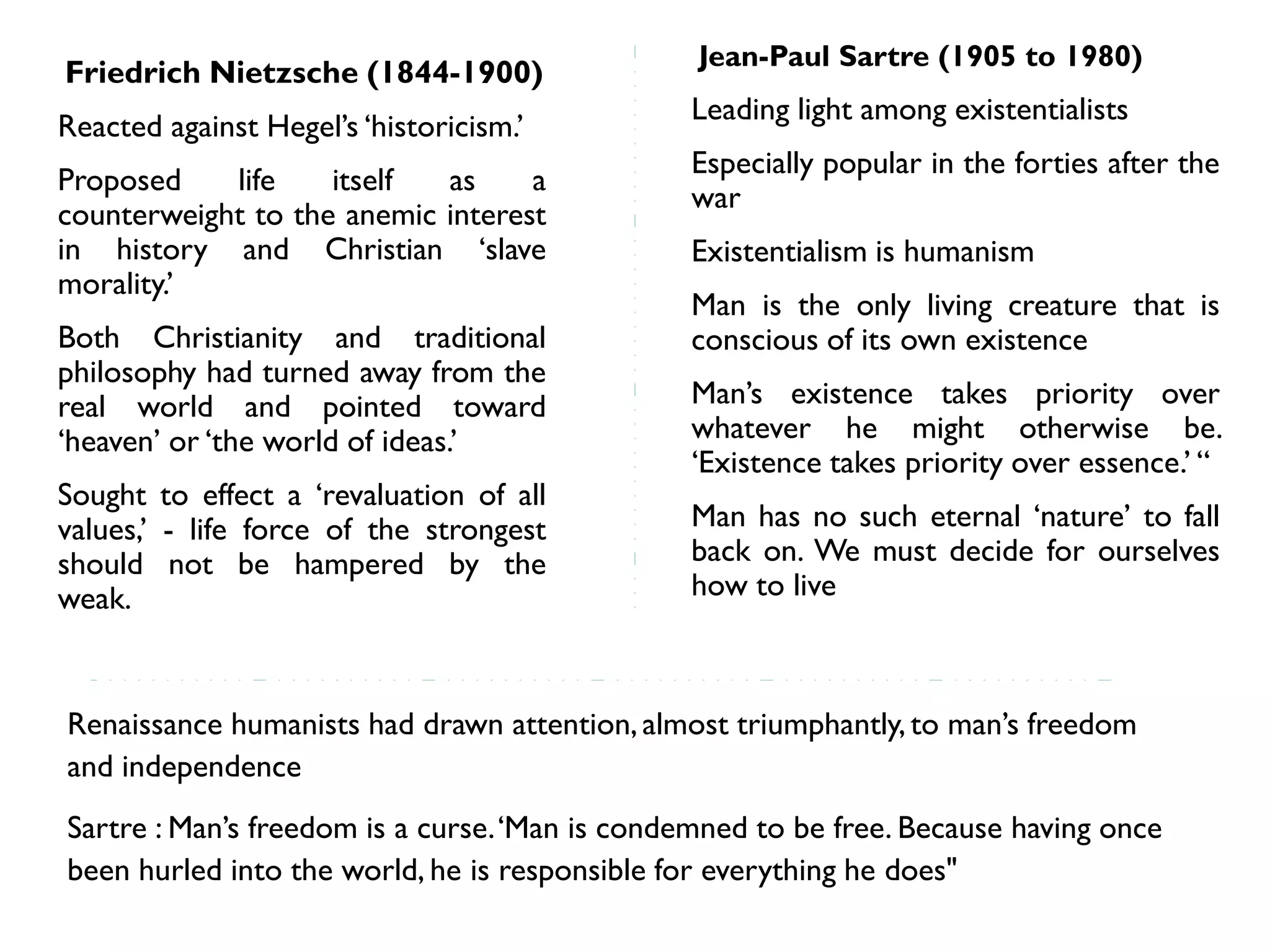 Jean-Paul Sartre (1905 to 1980)
Friedrich Nietzsche (1844-1900)
                                               Leading light among existentialists
Reacted against Hegel’s ‘historicism.’
                                               Especially popular in the forties after the
Proposed    life    itself  as     a
                                               war
counterweight to the anemic interest
in history and Christian ‘slave                Existentialism is humanism
morality.’
                                               Man is the only living creature that is
Both Christianity and traditional              conscious of its own existence
philosophy had turned away from the
real world and pointed toward                  Man’s existence takes priority over
‘heaven’ or ‘the world of ideas.’              whatever he might otherwise be.
                                               ‘Existence takes priority over essence.’ “
Sought to effect a ‘revaluation of all
values,’ - life force of the strongest         Man has no such eternal ‘nature’ to fall
should not be hampered by the                  back on. We must decide for ourselves
weak.                                          how to live



Renaissance humanists had drawn attention, almost triumphantly, to man’s freedom
and independence
Sartre : Man’s freedom is a curse. ‘Man is condemned to be free. Because having once
been hurled into the world, he is responsible for everything he does"
 