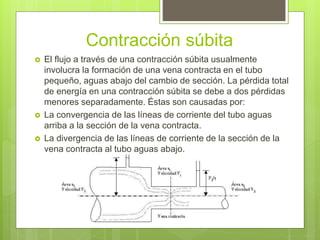 Contracción súbita
 El flujo a través de una contracción súbita usualmente
involucra la formación de una vena contracta en el tubo
pequeño, aguas abajo del cambio de sección. La pérdida total
de energía en una contracción súbita se debe a dos pérdidas
menores separadamente. Éstas son causadas por:
 La convergencia de las líneas de corriente del tubo aguas
arriba a la sección de la vena contracta.
 La divergencia de las líneas de corriente de la sección de la
vena contracta al tubo aguas abajo.
 