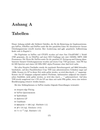 an

Tabelle

Dieser Anhang enthält alle MeßwertTabellen, die für die Bewertung der Implementierun-
gen SoPlex, SMoPlex und DoPlex sowie für den parallelen Löser für dünnbesetzte lineare
Gleichungssysteme erstellt wurden. Ihre Auswertung und ggfs. graphische Aufbereitung
 ndet sich in Kapitel
   Die Ergebnisse zu SoPlex und CPLEX wurden auf einer Sun UltraSPAR 1 Model
170E gemessen, die zu SMoPlex auf einer SGI Challange mit zwei 150MHz MIPS 00
Prozessoren. Die Werte für DoPlex sowie für die parallele LU-Zerlegung und Lösung ünn-
besetzter linearer Gleichungssysteme wurden auf einem Cray T3D gemessen. Jede PE hat
   MB Speicher und einen 15 MHz DE alpha Prozessor ohne 2nd level cache.
   Bei allen Simplex-Testläufen wurde die maximale Berechnungszeit auf 3000 Sekunden
beschränkt, auf dem Parallelrechner Cray T3D (aus administrativen Gründen sogar auf
1800s. Konnte ein LP in dieser Zeit nicht gelöst werden, so wird dies durch „>" angezeigt.
Konnte ein LP hingegen aufgrund anderer Probleme, insbesondere aufgrund der numeri
schen Stabilität, nicht gelöst werden, so wird dies durch        gekennzeichnet. Auf dem
T3D wurde ausgehend von 1 PE ein LP nur dann mit mehr PEs gelöst, wenn eine weitere
Beschleunigung erwartet werden konnte.
   Bei den Meßergebnissen zu SoPlex wurden folgende Einstellungen verwendet

     steepestedge Pricing
     SoPlex Quotiententest
     Spaltenbasis
     skaliertes LP
     Crashbasis
     maxcycle = 100 ( g l . Abschnitt
     T]9 = 10 (vgl. Abschnitt      8.
   • S    l e - 6 vgl. Abschnitt   3
 