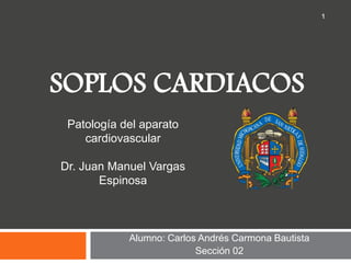 SOPLOS CARDIACOS
Alumno: Carlos Andrés Carmona Bautista
Sección 02
1
Patología del aparato
cardiovascular
Dr. Juan Manuel Vargas
Espinosa
 