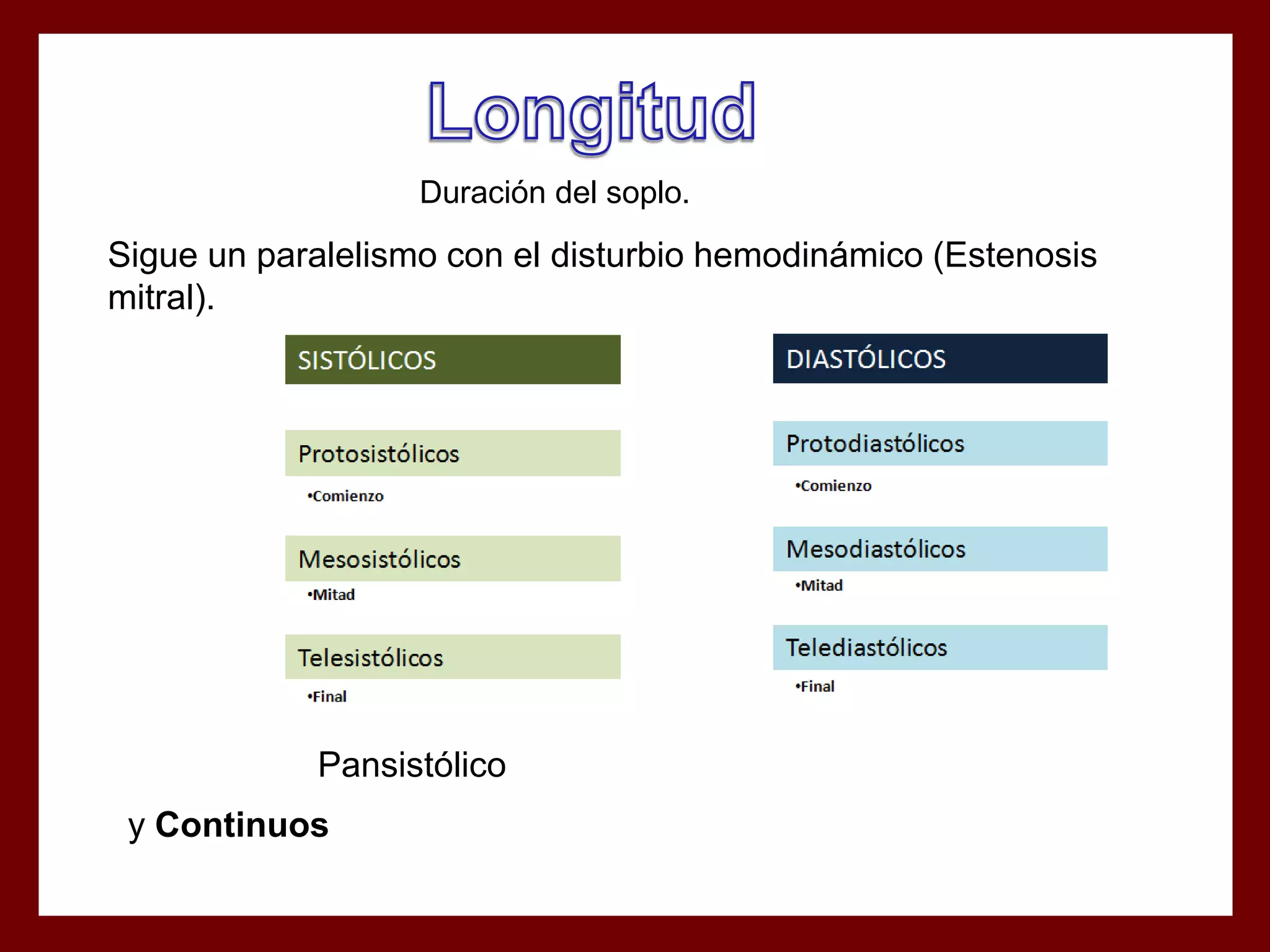 Duración del soplo.

Sigue un paralelismo con el disturbio hemodinámico (Estenosis
mitral).

Pansistólico
y Continuos

 