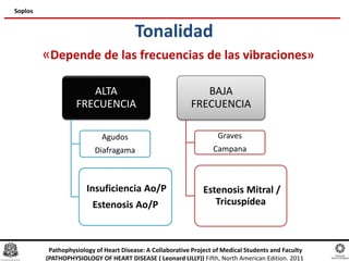 Tonalidad
Soplos
«Depende de las frecuencias de las vibraciones»
ALTA
FRECUENCIA
Agudos
Diafragama
Insuficiencia Ao/P
Estenosis Ao/P
BAJA
FRECUENCIA
Graves
Campana
Estenosis Mitral /
Tricuspídea
Pathophysiology of Heart Disease: A Collaborative Project of Medical Students and Faculty
(PATHOPHYSIOLOGY OF HEART DISEASE ( Leonard LILLY)) Fifth, North American Edition. 2011
 