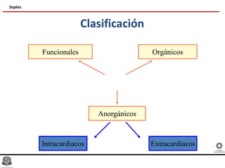 Clasificación
Soplos
OrgánicosFuncionales
Anorgánicos
Intracardiacos Extracardiacos
 