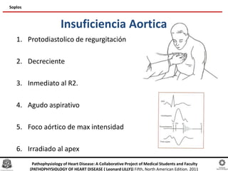 Insuficiencia Aortica
1. Protodiastolico de regurgitación
2. Decreciente
3. Inmediato al R2.
4. Agudo aspirativo
5. Foco aórtico de max intensidad
6. Irradiado al apex
Soplos
Pathophysiology of Heart Disease: A Collaborative Project of Medical Students and Faculty
(PATHOPHYSIOLOGY OF HEART DISEASE ( Leonard LILLY)) Fifth, North American Edition. 2011
 