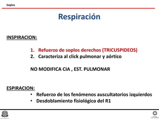 Respiración
Soplos
INSPIRACION:
1. Refuerzo de soplos derechos (TRICUSPIDEOS)
2. Caracteriza al click pulmonar y aórtico
NO MODIFICA CIA , EST. PULMONAR
ESPIRACION:
• Refuerzo de los fenómenos auscultatorios izquierdos
• Desdoblamiento fisiológico del R1
 