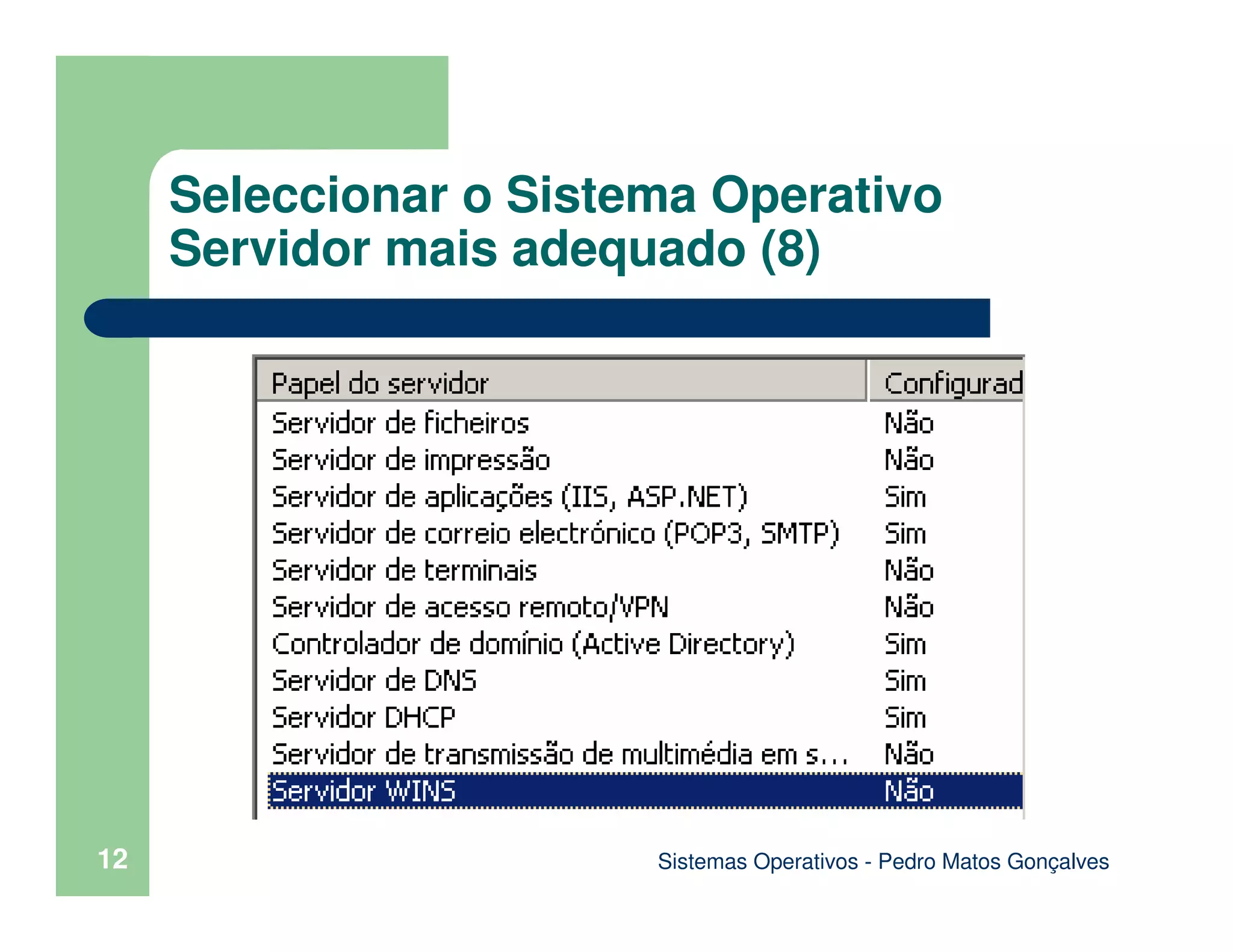 Sistemas Operativos - Pedro Matos Gonçalves
12
Seleccionar o Sistema Operativo
Servidor mais adequado (8)
 