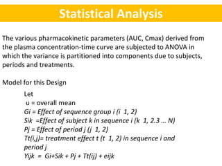 Statistical Analysis
The various pharmacokinetic parameters (AUC, Cmax) derived from
the plasma concentration-time curve are subjected to ANOVA in
which the variance is partitioned into components due to subjects,
periods and treatments.
Model for this Design
Let
u = overall mean
Gi = Effect of sequence group i (i 1, 2)
Sik =Effect of subject k in sequence i (k 1, 2.3 … N)
Pj = Effect of period j (j 1, 2)
Tt(i,j)= treatment effect t (t 1, 2) in sequence i and
period j
Yijk = Gi+Sik + Pj + Tt(ij) + eijk
 