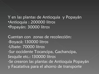 <ul><li>Y en las plantas de Antioquia  y Popayán  </li></ul><ul><li>Antioquia : 200000 litros  </li></ul><ul><li>Popayán: ...