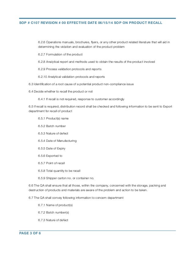 SOP For Product Recall