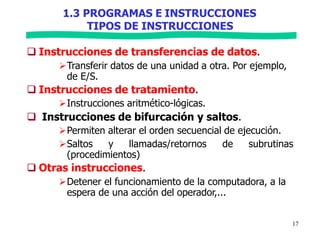 1.3 PROGRAMAS E INSTRUCCIONES
17
TIPOS DE INSTRUCCIONES
 Instrucciones de transferencias de datos.
Transferir datos de una unidad a otra. Por ejemplo,
de E/S.
 Instrucciones de tratamiento.
Instrucciones aritmético-lógicas.
 Instrucciones de bifurcación y saltos.
Permiten alterar el orden secuencial de ejecución.
Saltos y llamadas/retornos de subrutinas
(procedimientos)
 Otras instrucciones.
Detener el funcionamiento de la computadora, a la
espera de una acción del operador,...
 