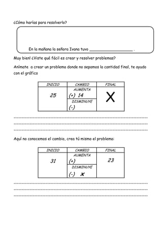 ¿Cómo harías para resolverlo?
En la mañana la señora Ivana tuvo __________________ .
Muy bien! ¿Viste qué fácil es crear y resolver problemas?
Anímate a crear un problema donde no sepamos la cantidad final, te ayudo
con el gráfico
------------------------------------------------------------------------------------
------------------------------------------------------------------------------------
------------------------------------------------------------------------------------
Aquí no conocemos el cambio, crea tú mismo el problema:
------------------------------------------------------------------------------------
------------------------------------------------------------------------------------
------------------------------------------------------------------------------------
INICIO CAMBIO FINAL
25
AUMENTA
(+) 14
XDISMINUYE
(-)
INICIO CAMBIO FINAL
31
AUMENTA
(+) 23
DISMINUYE
(-) x
 