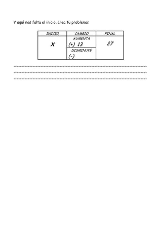 Y aquí nos falta el inicio, crea tu problema:
------------------------------------------------------------------------------------
------------------------------------------------------------------------------------
------------------------------------------------------------------------------------
INICIO CAMBIO FINAL
X
AUMENTA
(+) 13 27
DISMINUYE
(-)
 