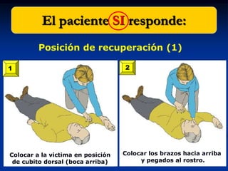 El paciente SI responde:
         Posición de recuperación (1)

1                                  2




Colocar a la victima en posición   Colocar los brazos hacia arriba
 de cubito dorsal (boca arriba)         y pegados al rostro.
 