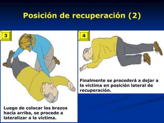 Posición de recuperación (2)

3                              4




                              Finalmente se procederá a dejar a
                              la victima en posición lateral de
                              recuperación.



Luego de colocar los brazos
hacia arriba, se procede a
lateralizar a la victima.
 