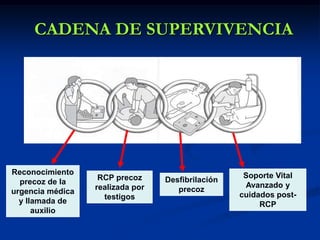 CADENA DE SUPERVIVENCIA




Reconocimiento                                      Soporte Vital
                   RCP precoz     Desfibrilación
  precoz de la                                      Avanzado y
                  realizada por      precoz
urgencia médica                                    cuidados post-
                    testigos
  y llamada de                                          RCP
      auxilio
 