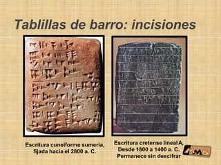 Tablillas de barro: incisiones
Escritura cuneiforme sumeria,
fijada hacia el 2800 a. C.
Escritura cretense linealA,
Desde 1800 a 1400 a. C.
Permanece sin descifrar
 