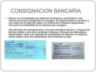 CONSIGNACION BANCARIA Este es un comprobante que elaboran los bancos y suministran a sus clientes para que lo diligencien al consignar. El original queda en el banco y una copia con el sello del cajero o el timbre de la máquina registradora, sirve para la contabilidad de la empresa que consigna. Hay dos tipos de consignaciones, una para consignar efectivo y cheques de bancos locales y otro para consignar remesas o cheques de otras plazas. Necesidades varias Los soportes de contabilidad se elaboran en original y tantas copias como las necesidades de la empresa lo exija.