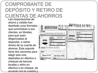 COMPROBANTE DE DEPÓSITO Y RETIRO DE CUENTAS DE AHORROS Las corporaciones de ahorro y crédito han diseñado unos formatos que suministran a sus clientes, en libretas, para que sean diligenciados al depositar, o retirar dinero de su cuenta de ahorros. Este soporte tiene dos opciones para elegir solo una; depósitos en efectivo o cheques de bancos locales y retiro en efectivo o en cheque, de acuerdo con la cuantía y exigencia del cliente.