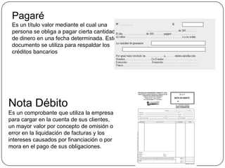PagaréEs un título valor mediante el cual una persona se obliga a pagar cierta cantidad de dinero en una fecha determinada. Este documento se utiliza para respaldar los créditos bancariosNota DébitoEs un comprobante que utiliza la empresa para cargar en la cuenta de sus clientes, un mayor valor por concepto de omisión o error en la liquidación de facturas y los intereses causados por financiación o por mora en el pago de sus obligaciones. 