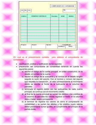 23. cual es el procedimiento contable       para elaborar el comprobante de
contabilidad

     clasificación, análisis y codificación de los soportes
     preparación del comprobante de contabilidad teniendo en cuenta los
     siguientes pasos:
        a) escribir el código de la cuenta principal, en orden consecutivo; en le
             detalle, el nombre de la cuenta
        b) escribir el código de la subcuenta y el nombre en el detalle renglón
             seguido la razón del asiento. Con el nombre y número del soporte
             que respalda la transacción . el valor correspondiente al movimiento
             debito se escribe al frente de la subcuenta en la columna de
             parciales
        c) terminado el registro debito con las subcuentas de cada cuenta
             principal, se continua con el movimiento crédito
        d) al final de la cuenta principal se suman los débitos y los créditos de
             la columna de parciales los valores registran al frente en la columna
             debe o haber, según corresponda
        e) al terminar de registrar los valores se cierra el comprobante de
             contabilidad y se suman los débitos y los créditos cuyos valores
             deben presentarse sumar iguales, en cumplimiento del principio de la
             partida doble.
 