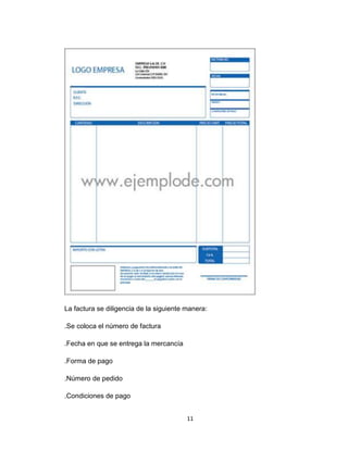 La factura se diligencia de la siguiente manera:
.Se coloca el número de factura
.Fecha en que se entrega la mercancía
.Forma de pago
.Número de pedido
.Condiciones de pago
11

 