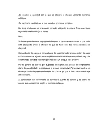 .Se escribe la cantidad por la que se elabora el cheque utilizando números
arábigos.
.Se escribe la cantidad por la que es válido el cheque en letras.
Se firma el cheque en el espacio correcto utilizando la misma firma que tiene
registrada en el banco (si la tiene)
Nota:
Si desea que solamente se pague el cheque a la persona o empresa a la que se lo
está otorgando cruce el cheque, lo que se hace con dos rayas paralelas en
diagonal
Comprobante de egreso o comprobante de pago:Llamado también orden de pago
o comprobante de egreso es un soporte de contabilidad que respalda el pago de
determinada cantidad de dinero por medio de un cheque o de efectivo.
Por lo general se elabora por duplicado el original para anexar al comprobante
diario de contabilidad y la copia para el archivo consecutivo.Para mayor control en
el comprobante de pago queda copia del cheque ya que el titulo valor se entrega
al beneficiario.
Al contabilizar este documento se acredita la cuenta de Bancos y se debita la
cuenta que corresponda según el concepto del pago.

15

 