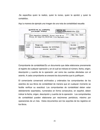 .Se especifica quien la realizo, quien la reviso, quien la aprobó y quien la
contabilizo.
Aquí a manera de ejemplo una imagen de una nota de contabilidad resuelta

Comprobante de contabilidad:Es un documento que debe elaborarse previamente
al registro de cualquier operación y en el cual se indicara el número, fecha, origen,
descripción y cuantía de la operación ,así como las cuentas afectadas con el
asiento. A cada comprobante se anexara los documentos que lo justifiquen.
El comerciante conservará archivados y ordenados los comprobantes de los
asientos de sus libros de contabilidad de manera que en cualquier momento se
facilite verificar su exactitud. Los comprobantes de contabilidad deben estar
debidamente soportados, numerados en forma consecutiva, en español, deben
indicar la fecha, origen, descripción y cuantía de la operación. Los comprobantes
de contabilidad pueden elaborarse por resúmenes periódicos, máximo por
operaciones de un mes. Estos documentos son los soportes de los registros en
los libros.

25

 