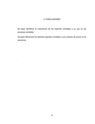 3. CONCLUSIONES

Se logró identificar la importancia de los soportes contables y su uso en los
procesos contables.
Se logró diferenciar los distintos soportes contables y sus campos de acción en la
economía.

.

35

 