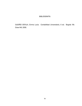 BIBLIOGRAFÍA

GUDIÑO DÁVILA, Emma Lucía. Contabilidad Universitaria, 6 ed. Bogotá: Mc
Graw Hill, 2008.

36

 