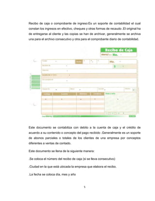 Recibo de caja o comprobante de ingreso:Es un soporte de contabilidad el cual
constan los ingresos en efectivo, cheques y otras formas de recaudo .El original ha
de entregarse al cliente y las copias se han de archivar, generalmente se archiva
una para el archivo consecutivo y otra para el comprobante diario de contabilidad.

Este documento se contabiliza con debito a la cuenta de caja y el crédito de
acuerdo a su contenido o concepto del pago recibido .Generalmente es un soporte
de abonos parciales o totales de los clientes de una empresa por conceptos
diferentes a ventas de contado.
Este documento se llena de la siguiente manera:
.Se coloca el número del recibo de caja (si se lleva consecutivo)
.Ciudad en la que está ubicada la empresa que elabora el recibo.
.La fecha se coloca día, mes y año

5

 