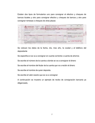 Existen dos tipos de formularios uno para consignar el efectivo y cheques de
bancos locales y otro para consignar efectivo y cheques de bancos y otro para
consignar remesas o cheques de otras plazas

Se colocan los datos de la fecha, día, mes año, la ciudad y el teléfono del
depositante
Se especifica si se va a consignar en cuenta corriente o cuenta de ahorros
Se escribe el número de la cuenta a donde se va a consignar el dinero
Se escribe el nombre del titular de la cuenta que va a recibir el dinero
Se escribe el nombre de quien deposita.
Se escribe el valor exacto que se va a consignar
A continuación se muestra un ejemplo de recibo de consignación bancaria ya
diligenciado.

7

 
