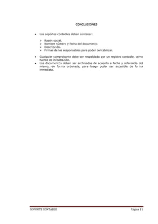CONCLUSIONES


     Los soportes contables deben contener:

        Razón social.
        Nombre número y fecha del documento.
        Descripción.
        Firmas de los responsables para poder contabilizar.

     Cualquier comprobante debe ser respaldado por un registro contable, como
     fuente de información.
     Los documentos deben ser archivados de acuerdo a fecha y referencia del
     mismo, en forma ordenada, para luego poder ser accesible de forma
     inmediata.




SOPORTE CONTABLE                                                    Página 11
 