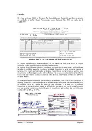 Ejemplo:

El 12 de junio de 2004, el Almacén Tu Ropa Ltda., de Roldanillo vende mercancías
de contado al señor Oscar Fernández, según factura No. 224 por valor de $
1.250.000




               COMPROBANTE DE VENTA CON TARJETA DE CRÉDITO

La tarjeta de crédito (o dinero plástico) es un medio de pago que utiliza el tarjeta
habiente en los establecimientos afiliados al sistema.
La tarjeta de crédito se adquiere mediante un contrato de apertura y utilización de
tarjeta de crédito, suscrito mediante entidad financiera y una persona natural o
jurídica. Por medio del contrato, el tarjeta habiente se compromete a utilizar este
documento en forma personal e intransferible y a pagar periódicamente a la entidad
financiera los valores correspondientes a los bienes o servicios comprados a través
de este medio.

El establecimiento comercial, para afiliarse al sistema, suscribe un contrato con la
entidad financiera, mediante el cual el afiliado se compromete a aceptar las tarjetas
de crédito como un medio de pago de sus clientes; y, a sus vez, la entidad
financiera se compromete a pagar al afiliado las sumas de los comprantes firmados
por los tarjeta habientes, deducido por el servicio un porcentaje de comisión que
oscila entre el 5% y el 10%.




SOPORTE CONTABLE                                                             Página 8
 