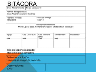 BITÁCORAárea: Mantenimiento No De solicitud: 10
Nombre de especialidad:
Jesús Alejandro izquierdo Martínez
Fecha de recibido:
13/02/2013
Fecha de entrega
18/02/13
Descripción del equipo:
Monitor, placa base, memoria ram, teclado y todo esta un poco sucio
equipo Cap. Disco duro Cap. Memoria
RAM
Tarjeta madre Procesador
DEll 5GB 1GB 2GB
Tipo de soporte realizado:
Mantenimiento correctivo
Problema y solución:
Limpieza al equipo de computo
Observaciones:
sucio
 