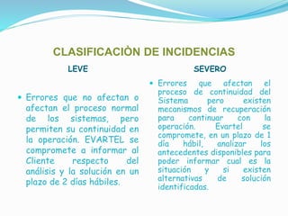 CLASIFICACIÒN DE INCIDENCIAS
LEVE SEVERO
 Errores que no afectan o
afectan el proceso normal
de los sistemas, pero
permiten su continuidad en
la operación. EVARTEL se
compromete a informar al
Cliente respecto del
análisis y la solución en un
plazo de 2 días hábiles.
 Errores que afectan el
proceso de continuidad del
Sistema pero existen
mecanismos de recuperación
para continuar con la
operación. Evartel se
compromete, en un plazo de 1
día hábil, analizar los
antecedentes disponibles para
poder informar cual es la
situación y si existen
alternativas de solución
identificadas.
 