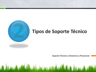 Tipos de Soporte Técnico
Soporte Técnico a Distancia y Presencial
 