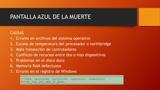 PANTALLA AZUL DE LA MUERTE
CAUSAS
1. Errores en archivos del sistema operativo
2. Exceso de temperatura del procesador o northbridge
3. Mala instalación de controladores
4. Conflicto de recursos entre dos o mas dispositivos
5. Problemas en el disco duro
6. Memoria RAM defectuosa
7. Errores en el registro de Windows
 
