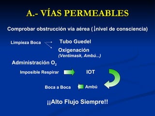 A.- VÍAS PERMEABLES Limpieza Boca Tubo Guedel Oxigenación (Ventimask, Ambú...) Administración O 2 Imposible Respirar IOT Ambú Boca a Boca ¡¡Alto Flujo Siempre!! Comprobar obstrucción vía aérea (  nivel de consciencia) 