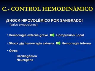 C.- CONTROL HEMODINÁMICO ¡SHOCK HIPOVOLÉMICO POR SANGRADO!  (salvo excepciones) Hemorragia externa grave Compresión Local Shock  sin  hemorragia externa Hemorragia interna Otros Cardiogénico Neurógeno 