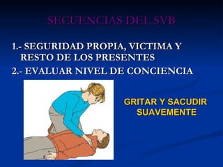 SECUENCIAS DEL SVB 1.- SEGURIDAD PROPIA, VICTIMA Y RESTO DE LOS PRESENTES 2.- EVALUAR NIVEL DE CONCIENCIA GRITAR Y SACUDIR  SUAVEMENTE 
