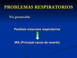 PROBLEMAS RESPIRATORIOS Vía permeable Parálisis músculos respiratorios IRA (Principal causa de muerte) 